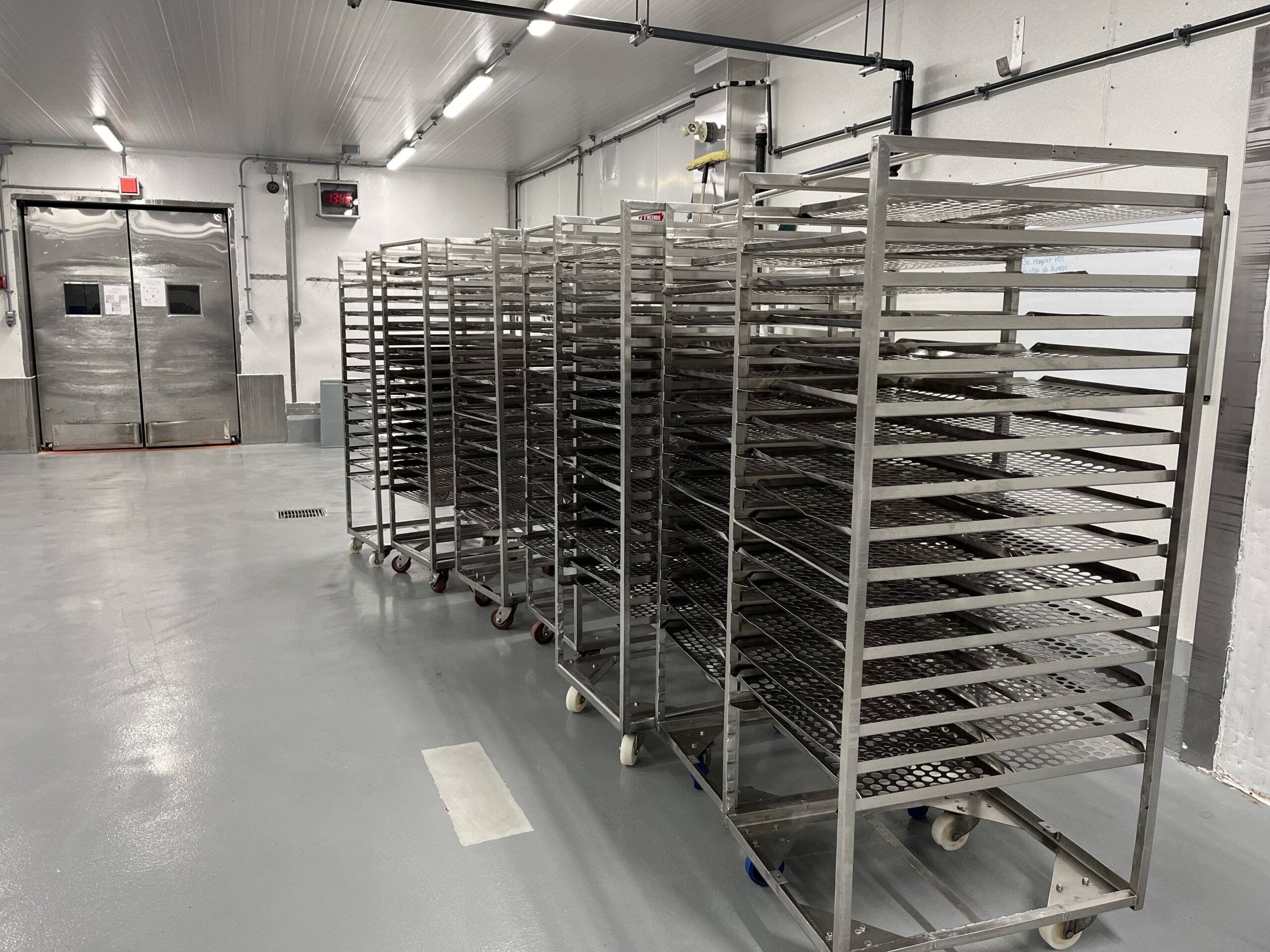 Industrial cooling racks for crepes produced in our CFIA-certified facility in North America.